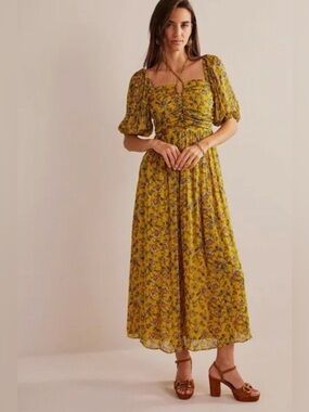 Boden Yellow Floral Ruched Maxi Dress